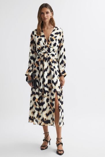 Reiss Black White Marie Animal Print Midi Dress
