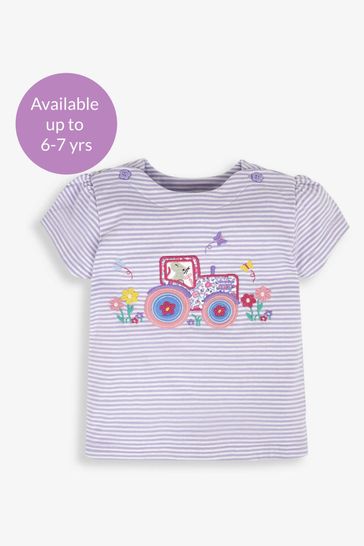 JoJo Maman Bébé Lilac Stripe Tractor Appliqué T-Shirt