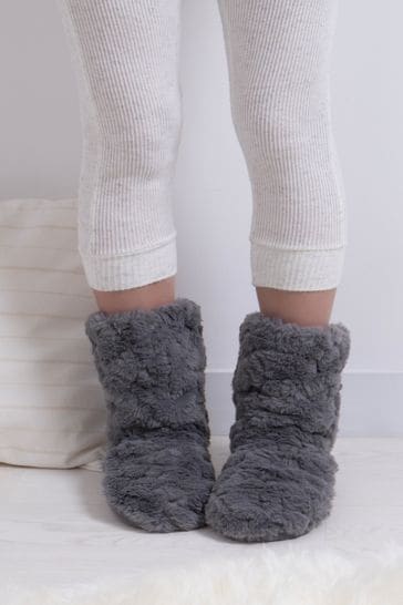 Totes Grey Ladies Faux Fur Bootie Slipper Socks