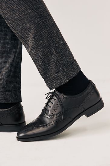 Black Regular Fit Leather Oxford Brogue Shoes