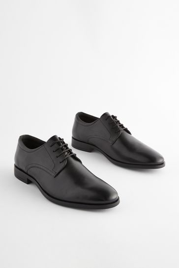 Black Regular Fit Leather Plain Derby Shoes