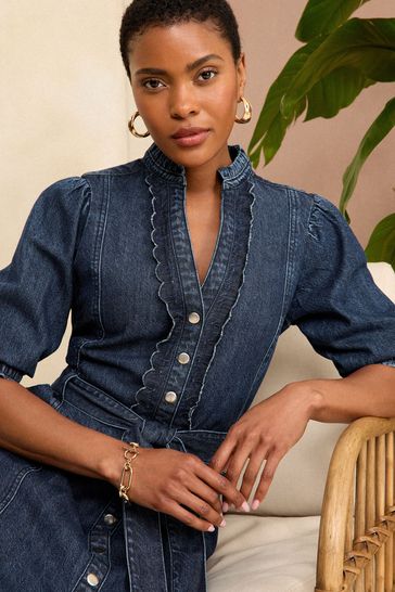 Buy Love Roses Dark Wash Blue Petite Scallop Button Through Summer Denim Midi Dress from Next Italy