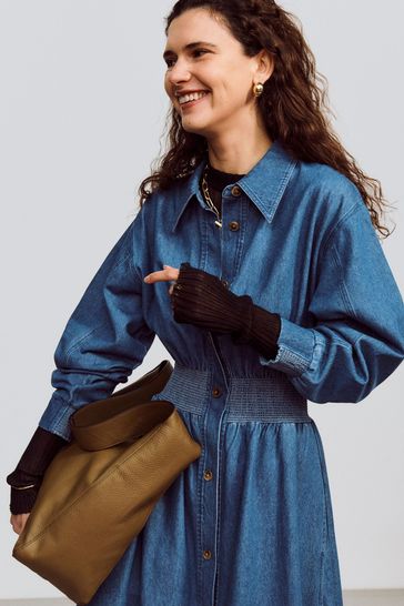 Jigsaw Blue Denim Smocked Waist Tea Dress