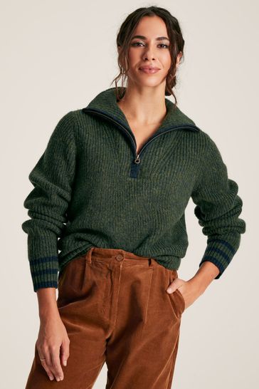 Joules Jada Dark Green Quarter Zip Rib Knit Jumper