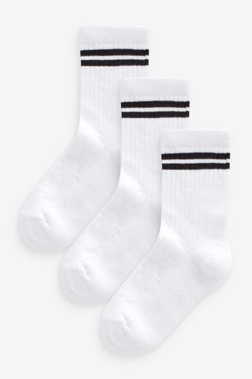 White Black Stripe Regular Length Cotton Rich Cushioned Sole Ankle Socks 3 Pack