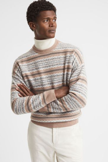 Reiss Camel Plato Wool Fairisle Crew Neck Jumper