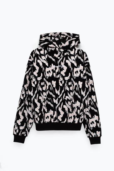 Hype. Sudadera con capucha negra con diseño de leopardo con efecto cepillado para mujer