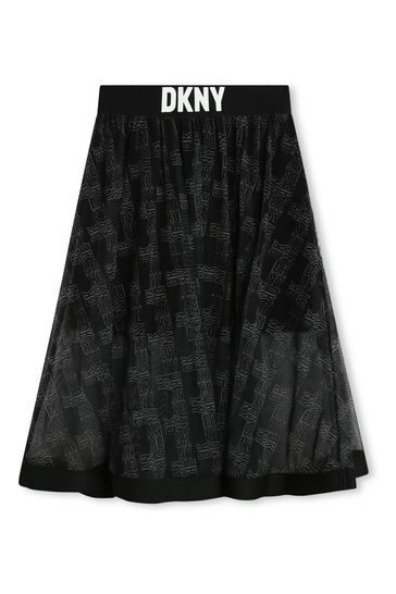 DKNY Two Layer Mesh Logo Mid Length Black Skirt