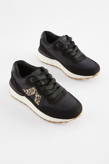 Black Animal Print Lace-Up Chunky Trainers