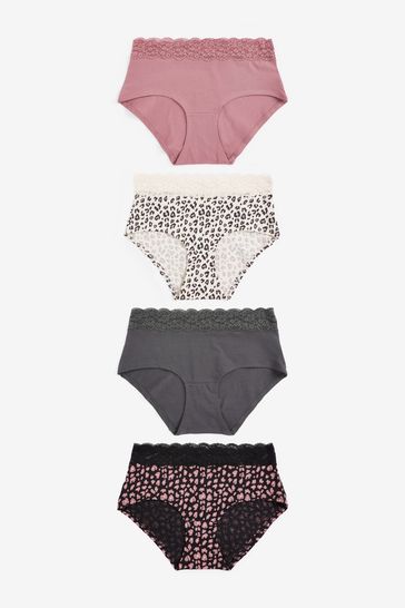 Black/Grey/Cream/Pink Printed Midi Cotton and Lace Knickers 4 Pack
