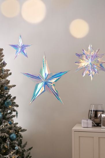 Set of 3 Iridescent Hanging Star Christmas Decorations