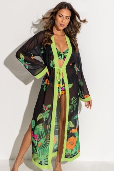 Pour Moi Black Floral Print Chiffon Maxi Beach Kimono