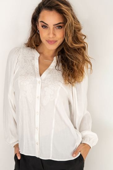 Pour Moi White Stacie Fuller Bust Embroidered Woven Long Sleeve Blouse