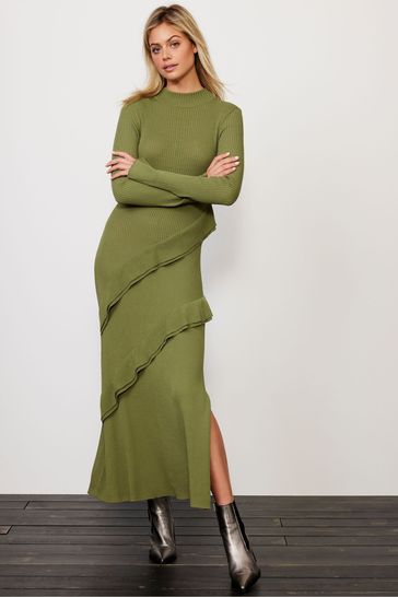 Mint Velvet Green Ruffle Detail Knit Dress
