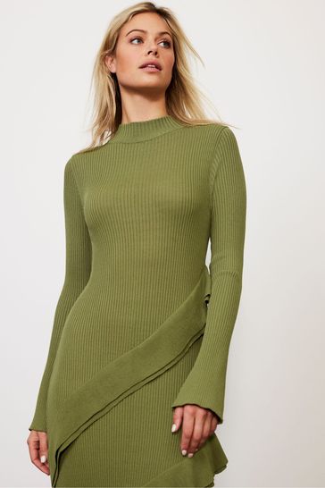 Mint Velvet Green Ruffle Detail Knit Dress