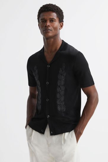 Reiss Black Script Embroidered Cuban Collar Button Through T-Shirt
