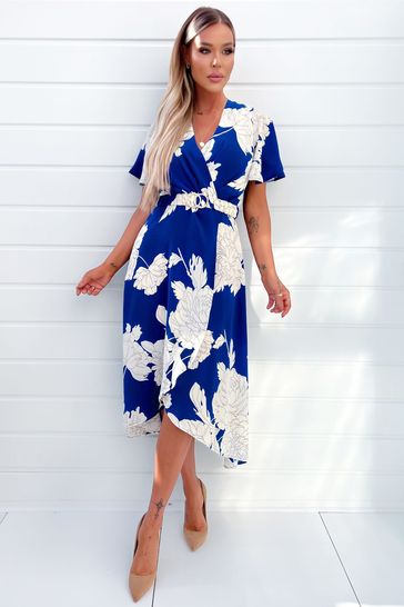 Buy AX Paris Blue and Cream Floral Printed Short Sleeve Belted