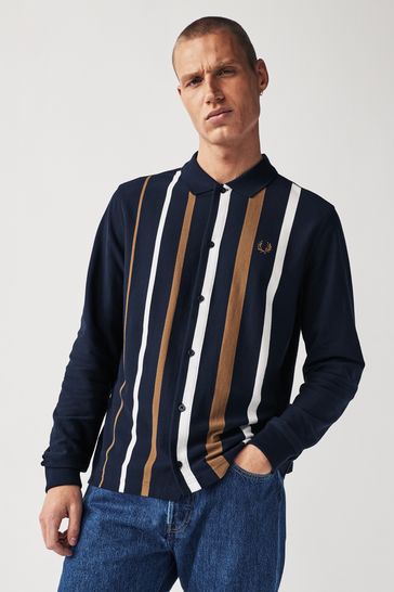 Fred Perry Navy Striped Button Through Long Sleeve Polo Shirt