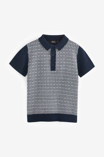 Black/White Short Sleeve Geo Pattern Polo Shirt (3-16yrs)