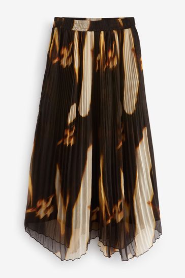 Black Marble Print Pleated Chiffon Midi Skirt