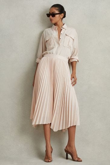 Reiss Blush Azalea Pleated Asymmetric Midi Skirt