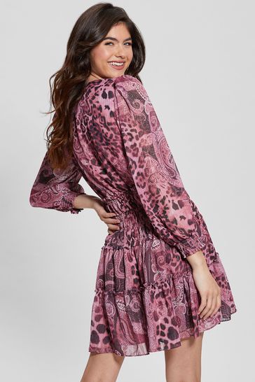 Buy Guess Purple Long Sleeve Lace Up Flared Lucy Dress from the