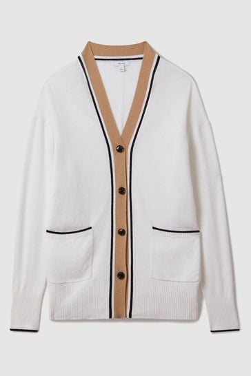 Buy Reiss Ivory Black Carly Wool Blend Contrast Trim Cardigan from