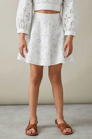 Reiss Ivory Nella Senior Cotton Broderie Lace Skirt