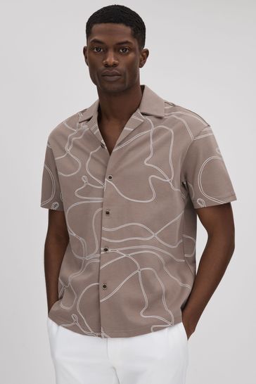 Reiss Taupe Menton Cotton Jersey Embroidered Shirt