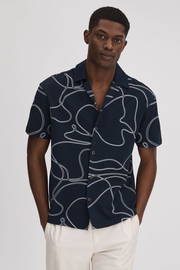 Reiss Navy Menton Cotton Jersey Embroidered Shirt