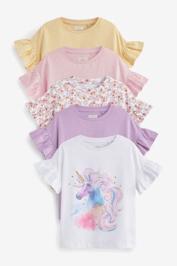 Pink/Lilac Purple 5 Pack Unicorn Frill Sleeve T-Shirts (3-16yrs)