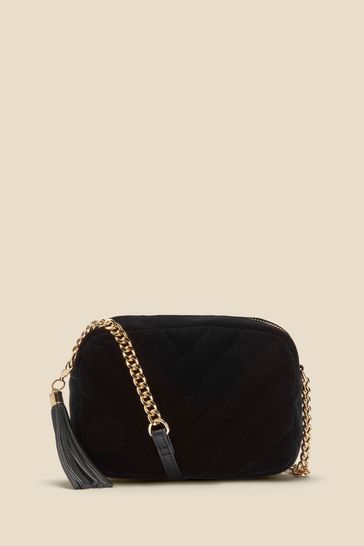 Buy Sosandar Black Soft Velvet Quilted Tassel Detail Cross Body