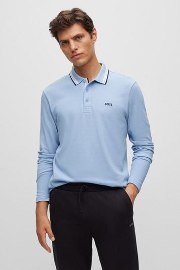 BOSS Light Blue Plisy Collar Detail Long Sleeve Polo Shirt