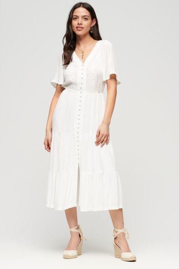 SUPERDRY White Embroidered Tiered Midi Dress