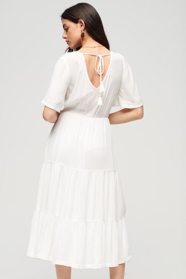 SUPERDRY White Embroidered Tiered Midi Dress