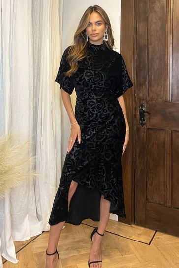 Buy AX Paris Jacquard Velvet Asymmetrical Hem High Neck Midi Black Dress from Next Poland