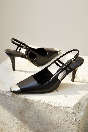 Black Premium Leather Metal Chisel Toe Slingback Heel Shoes