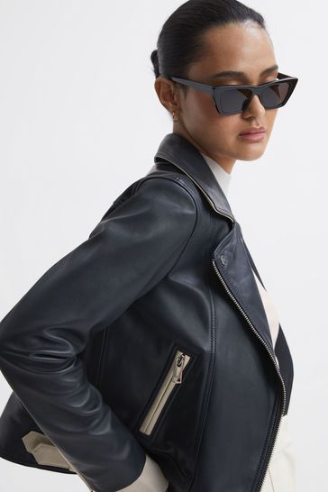 Buy Reiss Navy Inka Leather Zip Through Biker Jacket from Next