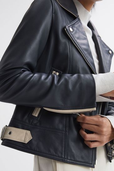 Buy Reiss Navy Inka Leather Zip Through Biker Jacket from Next