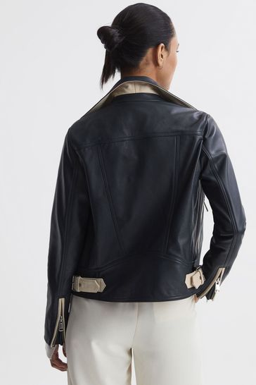 Buy Reiss Navy Inka Leather Zip Through Biker Jacket from Next