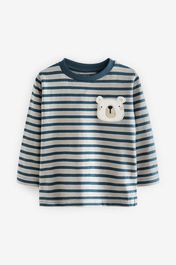 Navy Blue/White Stripe Polar Bear Long Sleeve Pocket T-Shirt (3mths-7yrs)