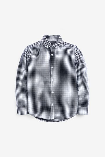 Navy Blue Gingham Plain Long Sleeve Oxford Shirt (3-16yrs)