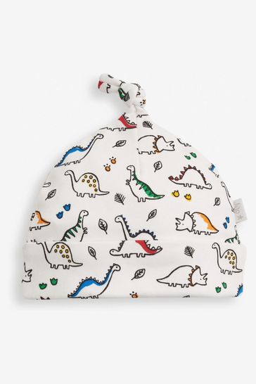 JoJo Maman Bébé White Dinosaur Print Cotton Baby Hat
