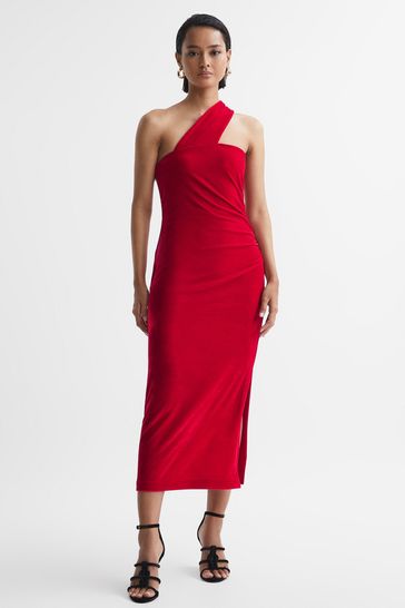 Reiss Red Abbey Velvet One-Shoulder Midi Dress