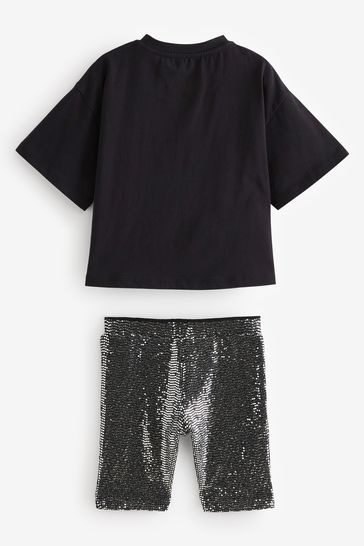 Buy Black Rainbow Graphic T Shirt And Sequin Cycling Shorts 3