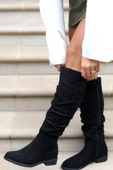 Buy Linzi Black Ciara Faux Suede Flat Ruched Boots from Next
