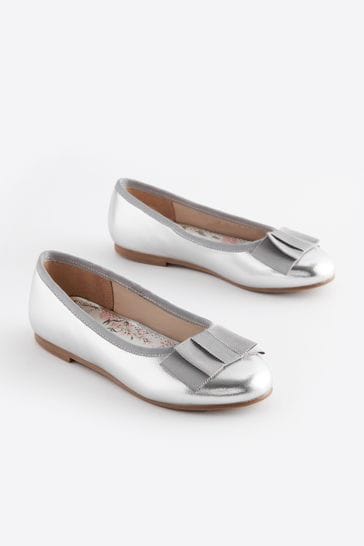 Silver Metallic Bow Occasion Ballerinas Shoes