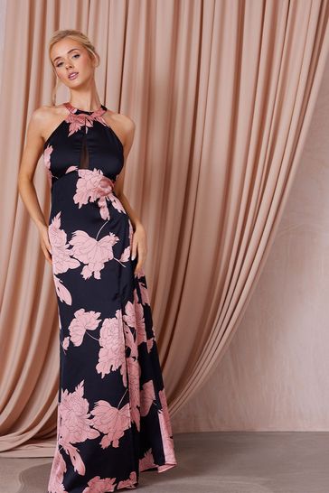 Buy Quiz Black Floral Satin Halterneck Maxi Dress from Next Ireland
