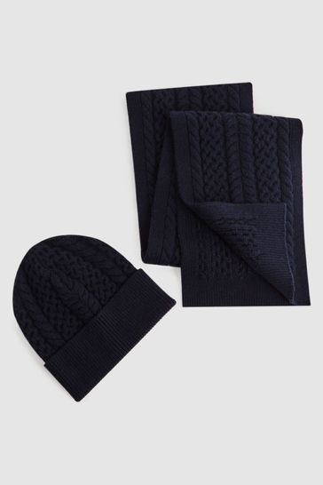 Reiss Navy Heath Junior Knitted Scarf and Beanie Hat Set