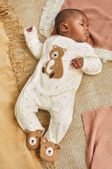 JoJo Maman Bébé Cream Bear Appliqué Zip Cotton Baby Sleepsuit